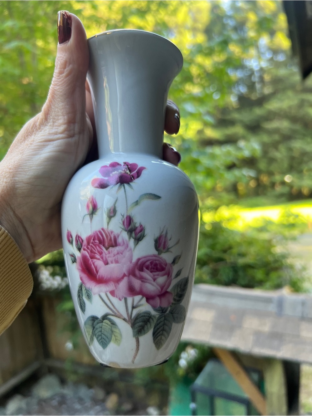White Porcelain Vase with Pink Rose Motif